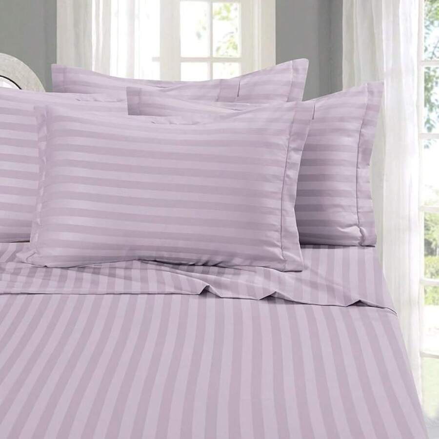 Elegant Comfort, Softest, Coziest 6-Piece Sheet Sets! 1500 Hotel Quality Luxurious Wrinkle Resistant Damask Stripe Bed Sheet Set, Black - Bedding 2025 - 薰衣草紫丁香 - 查看 1