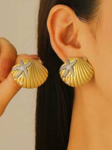 1 Paar Edelstahl Ohrringe mit Kunststoffperle, Muschel- und Seestern-Design, modisches Accessoire für Sommerbeach, Party, Urlaub