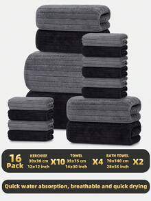 16pcs Set Includes [10pcs Handkerchiefs + 4pcs Towels + 2pcs Bath Towels], Coral Fleece Striped Towel Bath Set, Soft, Absorbent, Quick Drying, Suitable For Bathing, Face Washing, Hair Wrapping, Sports, Travel, Fitness, Etc. Back To School For Beauty Salon Home Bathroom - Multicolor - View 2