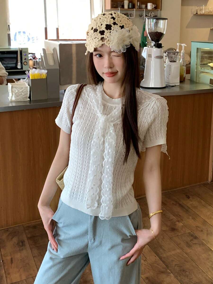 纯色优雅百搭蕾丝披肩开衫,柔软修身短袖针织上衣(含蕾丝披肩) - 白色 - 查看 1