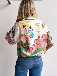 Women's Linen Shirt With Unique Graffiti Print, Single-Breasted Multi-Button Design