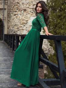 Vestido formal de fiesta elegante con pliegues en el bajo, de gasa y encaje floral, tela cómoda,