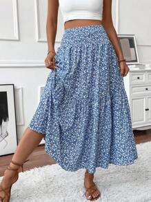 Plus Size Fall Blue Ditsy Floral Long Skirt For Women