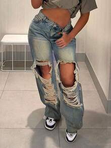 街头风口袋优雅通勤运动年轻性感做旧休闲学院复古直筒宽松水洗女式牛仔裤春季 - 懷舊中藍 - 查看 3