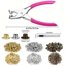 Mix Colors Of Golden/Silvery/Bronze 1/4" 6mm (Inner Diameter)Grommet Tool Kit With Pink Handle Plier And Metal Eyelets With Washers And Punch Tool, Fabric Leather Hole Eyelets And Grommets Punch Pliers, DIY Tarp Hole Punch Rivet Press Pliers, Portable Eyelet Grommet Hand Press Kit For Leather/Belt/Cloths