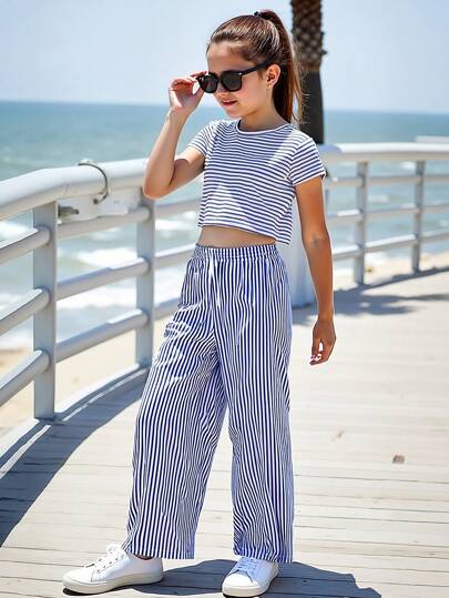 2pcs/Set Summer New Girls Outfit - Girls Round Neck Short Sleeve Blue & White Striped T-Shirt + Matching Loose Fit Blue & White Striped Pants, Children Casual And Comfortable Daily Outfit, Suitable For Outdoor Activities, Vacation, Recreation