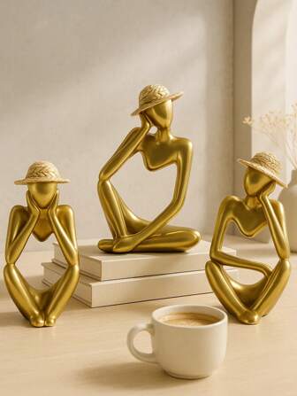 1/3 st guldfärgade abstrakta tänkarskulpturer med avtagbara stråhattar, konstnärlig hartsstaty för heminredning, examenspresenter, kontorsskrivbord eller bokhylla