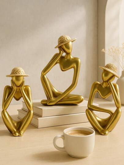 Juego de 1/3 piezas Esculturas doradas abstractas del Pensador con sombreros de paja removibles, conjunto de estatuas de resina artística para decoración del hogar, regalos de graduación, escritorio de oficina o estantería