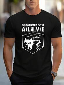 Men's Funny Schrödinger's Cat Science Tee - Black T-Shirt With "Is Alive Dead?" Box Design - Lightweight Breathable Shirt For Gym, Casual Outfits - Machine Washable Everyday Top, Leisure Apparel, Playful Print, Durable Construction, Short Sleeve Top, Geek Culture - màu đen - Xem 2