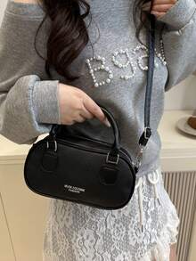 女士迷你复古黑色保龄球包，新款时尚迷你设计小手提包，休闲单肩斜挎包，手机和零钱包，波士顿包款式 - 黑色 - 查看 4