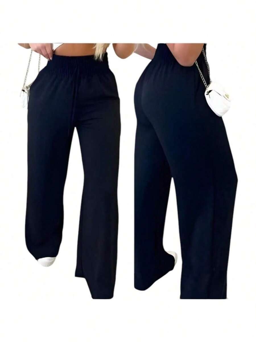 Women's High Waist Wide Leg Pants With Pocket - Hitam - View 1