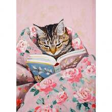 1 件有趣的虎斑猫读书艺术海报复古可爱动物墙面帆布画书迷宠物礼物装饰图片打印可选框架