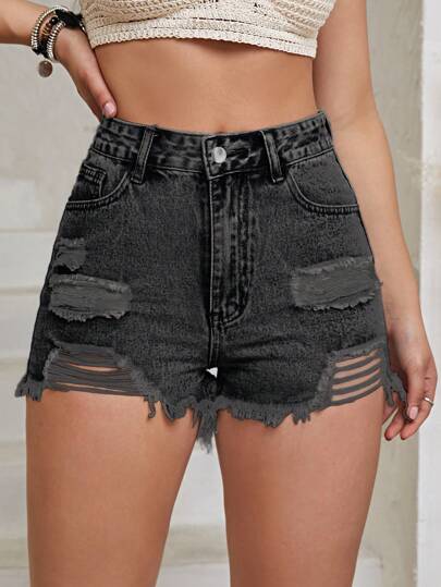 Pantaloni scurți din denim la modă, stil Y2K, uzați și zdrențuiți, casual și versatili pentru adolescenți, aspect vintage streetwear pentru studenți, croială slim fit, albastru