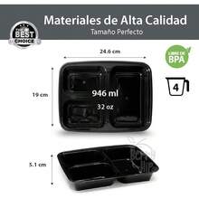24 Contenedores De Alimentos Reutilizables 946ml (32oz), Tipo Bento Box Rectangular con Tapaética, 3 Compartimentos Divisores, para Microondas, Congelador y Lavavajillas Libres de BPA - 1 - Ver 4