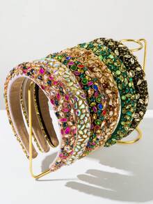 1pc Solid Color Velvet Sponge Padded Headband Women's Retro Luxurious Rhinestone Decor Shiny Party/Wedding Hair Accessory - Multicolor - View 2