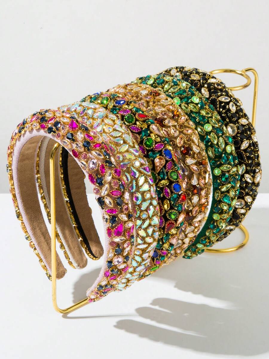 1pc Solid Color Velvet Sponge Padded Headband Women's Retro Luxurious Rhinestone Decor Shiny Party/Wedding Hair Accessory