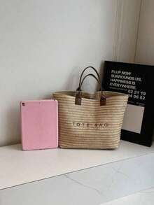 Large Capacity Casual Vacation Straw Tote Bag, Minimalist Elegant Women's Shoulder Handbag - Coffee - View 7