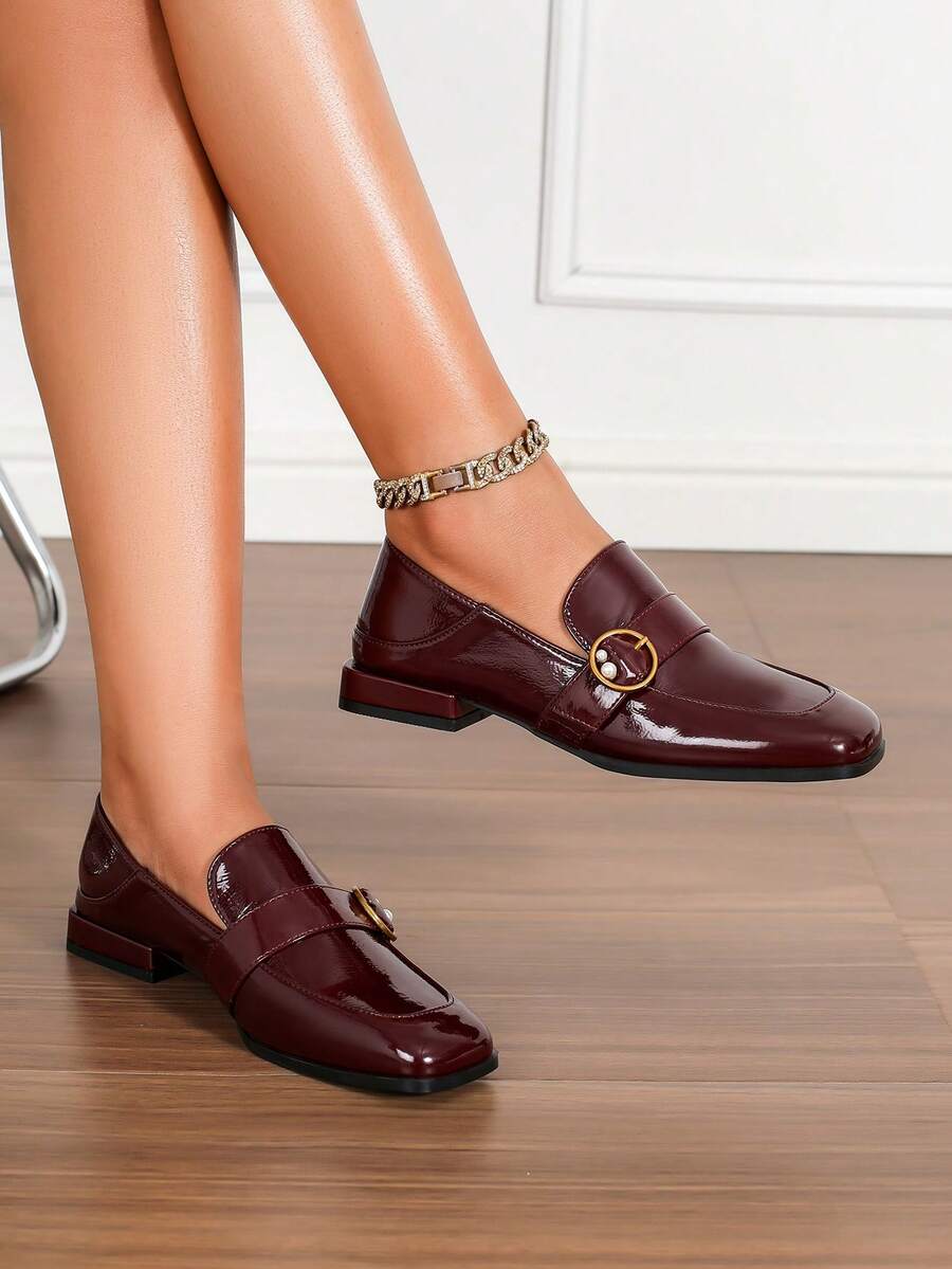 女士平底鞋纯色时尚搭扣乐福鞋，户外穿着，四季皆宜 - 酒紅色 - 查看 1