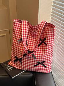 Large Capacity Plaid Bow Decor Handbag & Shoulder Bag For Women, Students School Tote Bag, Commute & Travel Diaper Bag