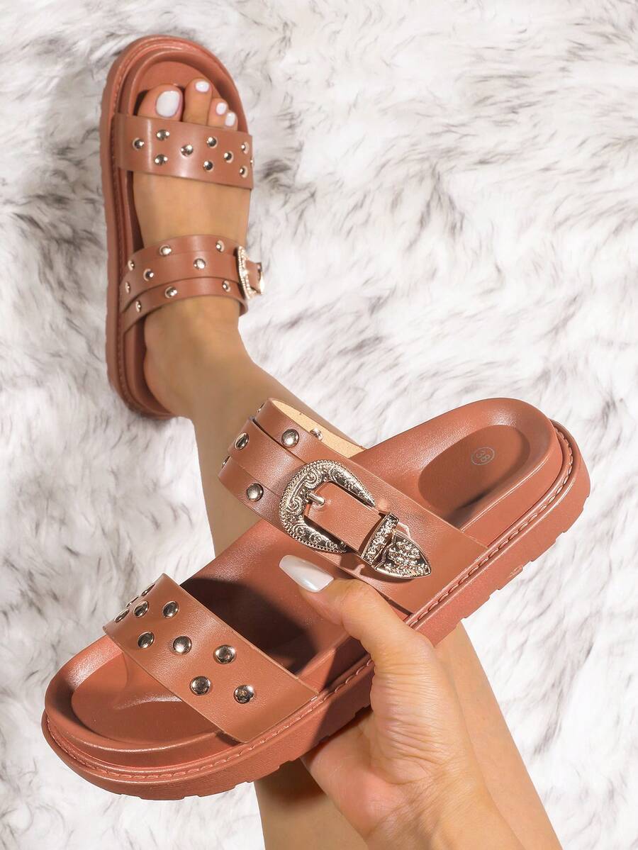 Women's Summer Outdoor Casual Shoes, Beach Shoes, House Slippers, Indoor Slides, Punk Style Rivet Embellished Sandals - Brown - View 1
