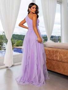LONG PARTY DRESS WEDDING BRIDESMAIDS GRADUATES ONE SHOULDER CASCADE SKIRT GRADUATION - Màu Lilac Tím - Xem 2