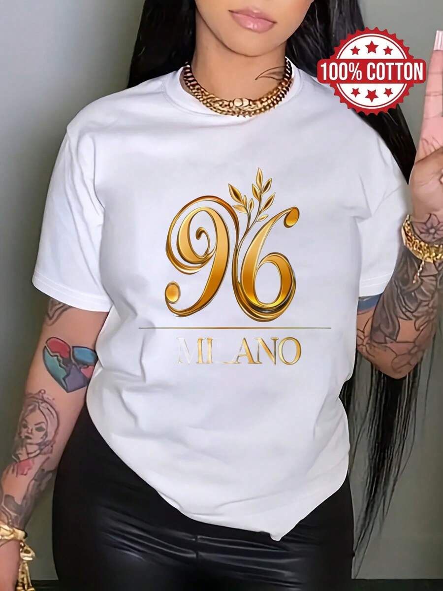 100% Cotton T-shirt|Shipped from Mexico|High-quality breathable fabric|Women's black and white loose short-sleeve printed cotton Gold 96 Milano Logo On Black |Machine Washable|Crew Neck Casual Sport Top|Comfortable and Trendy Fashion| - Blanco - Ver 1