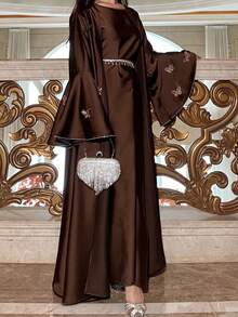 Women's Islamic Clothing, Flare Butterflysleeves Abaya Elegant Occasion Abaya Eid Abaya Three Pieces Abaya With A Diamond Belt - Brown - View 4