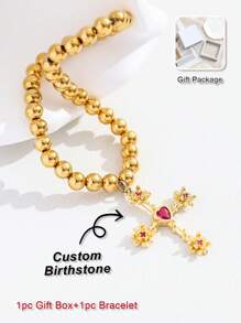 1pc Custom Birthstone Bracelet, Gold Cross Pendant Bracelet For Women, Suitable As Birthday Gift, Graduation Gift, Friendship Token, Thanksgiving Gift, Anniversary Gift