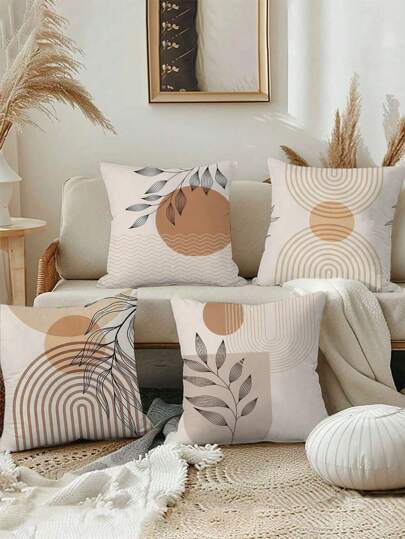 4pcs Geometric Botanical Print Pillow Covers, Traditional Style, 100% Polyester, Zipper Closure, Machine Washable, Beige & Brown Patterns, Perfect For Sofa, Living Room, Bedroom Decor, Decorative Pillowcases | Botanical Design | Woven Texture, Decorative Pillow Covers