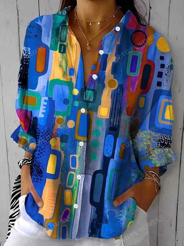 Chemise mode à imprimé style art géométrique pour femmes grandes tailles