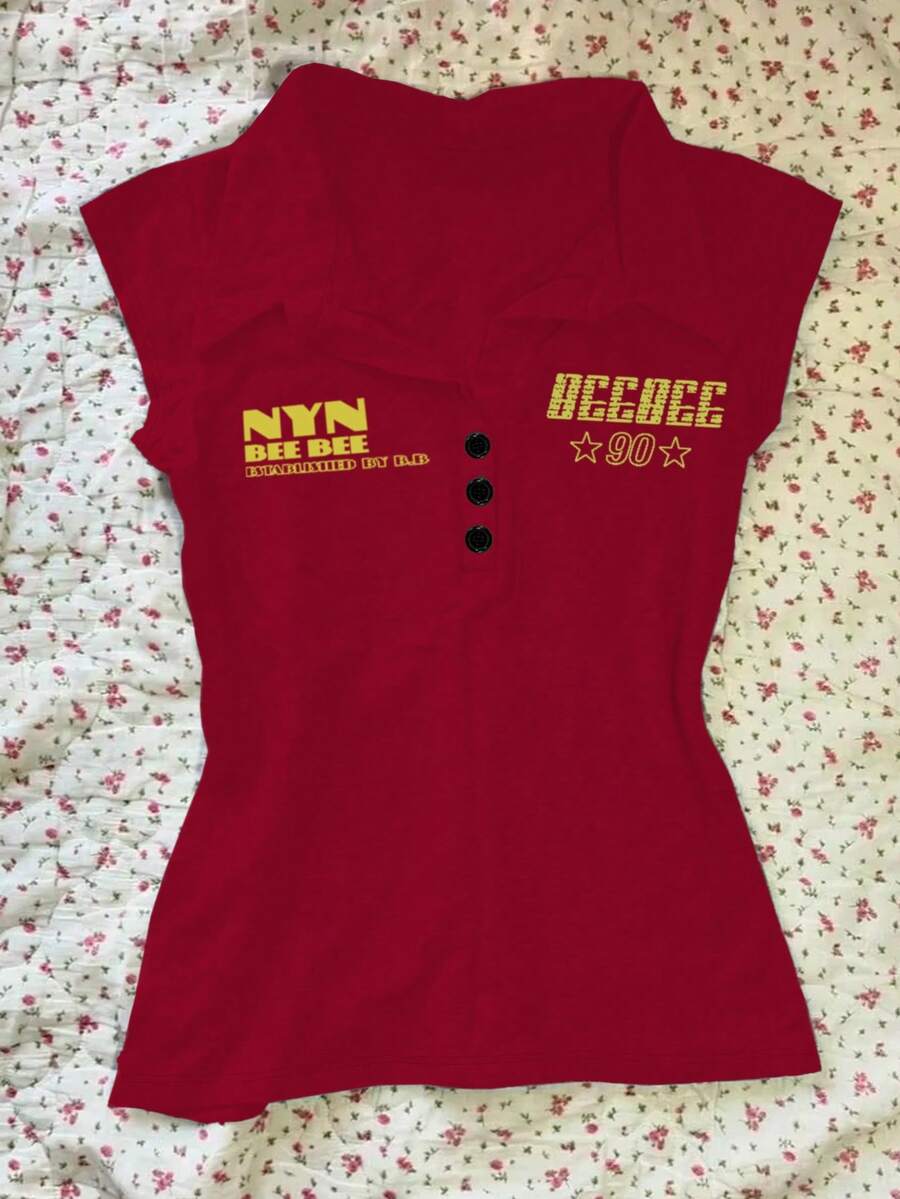 美国街头服饰朋克复古 Y2K 哥特风格女式休闲 90 年代音乐字母 T 恤，纽扣短袖