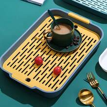 1pc Water Cup & Drip Tray Set, Household Living Room Dual-Layer Rectangular Tea Tray, Fruit Plate & Storage Dish - Deep Sea Blue - View 5