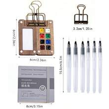 9pcs Mini Wooden Watercolor Kit, With 1 Grid 8/15 Grid Wooden Magnetic Palette Box, 6 Brushes, 1 Clip, 1 Portable Sketchbook - For Travel Watercolors,Back To School,School Supplies - Sets - View 2
