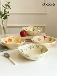 1件花卉陶瓷碗沙拉碗酸奶早餐碗水果碗晚餐碗手绘花碗，学校用品 - 花朵陶瓷碗 - 查看 3