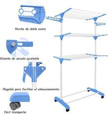 AKASENKO Tendedero Plegable de 3 Niveles,Tendedero de Ropa Plegable Vertical,Soportes Tendederos, Perchaóvil con alas Plegables y Ruedas,Tendedero Retráctil,Portátil. (Gris) - Azul - Ver 9