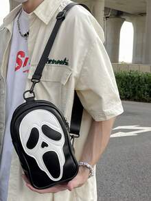 Bolso bandolera de cuero sintético para hombres, bolsa de viaje con correa de hombro, billetera, bolsa práctica para el pecho, adecuada para salidas de Halloween, con cierre de cremallera, bolsa para teléfono con estilo de los años 2000 - Negro - Ver 10