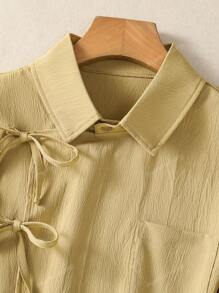 Women's Solid Color Knot Detail Lapel Shirt With Pocket & Button-Front - Stylish Short Sleeve Blouse For Dating Night, Festive Events, Daily Wear & Travel (Spring Summer Fall)