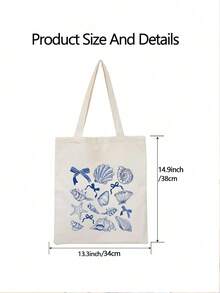 1pc Foldable Reusable Tote Bag With Blue Bowknot Pattern, Large Capacity Casual Grocery Bag, Minimalist Bohemian Style Handbag Suitable For Work, Travel, Shopping, School And More - Beige - View 4