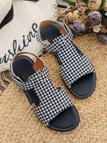 青少年钩环平底凉鞋，时尚舒适沙滩凉鞋，女童学生凉鞋 - 黑色 - 查看 2