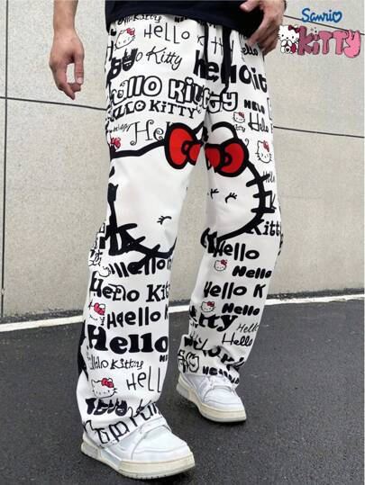 Sanrio Męskie modne, słodkie, tkane, codzienne spodnie z nadrukiem Hello Kitty, odpowiednie do noszenia na zewnątrz, na imprezę Rave