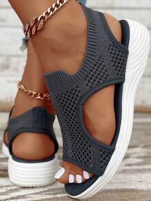 Plus Size Women Casual Sporty Sandals, Lightweight Slip-On, Mesh Breathable, Cushioned Wedge Heel, Non-Slip, Colorblock, Suitable For Holiday Wear Wide Fit,Travel Essentials For Summer - Navy Blue - View 3