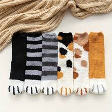 6 Pairs Of Warm And Comfortable Knee Length Cat Paw Socks - Cute Furry Women's Long Stockings - 6-pack - Mixed Colors - View 3
