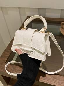 1件复古撞色印花手提包，复古翻盖手提包，女士迷你手提包和钱包 - 白色 - 查看 7