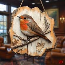 Segno da parete in legno piatto 2D a forma di uccello pettirosso, stile rustico di fattoria, con foglie e rami autunnali, perfetto per cucina, vacanze, bar, porta e decorazione portico di casa