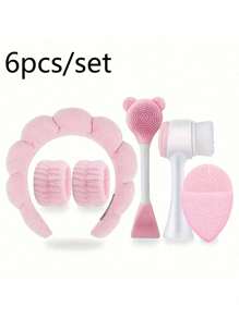 6pcs/Set Face Cleaning Tools - Includes Portable Headband + 2 Wrist Bands, Silicone Facial Cleansing Brush, Cleansing Pad + Dual-Head Face Mask Brush - Makeup Remover Puff - Travel Portable Facial Cleaning Kit - Suitable For Home Beauty Routines, Outdoor Travel, Ideal For Business Trips For Men And Women