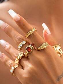 Set de 1 inele aurii, stil vintage, cu monedă, elegant, geometric, cu cristale, bandă netedă personalizată din metal lichid pentru femei