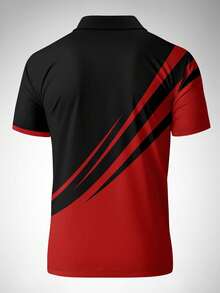 男士条纹短袖休闲通勤 Polo 衫，春夏 - 紅色 - 查看 2