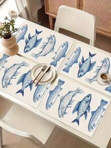 1pc Ocean Theme Printed Table Runner, 4/6/8pcs Ocean Printed Placemats, Suitable For Holidays, Parties, Birthdays, Dinners, Kitchen & Dining Room Decor, Year-Round Home Decoration, Table Linens - Blue and White - View 10
