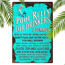 20.32厘米 X 30.48厘米 复古游泳池规则金属标牌 - 复古游泳警告锡装饰，壁挂式户外趣味标牌，适合家庭和花园，款式随机 - 彩色 - 查看 1