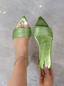 New Versatile Green Strap Patchwork Pointed Toe Flat Sandals Shoes - Green - View 3